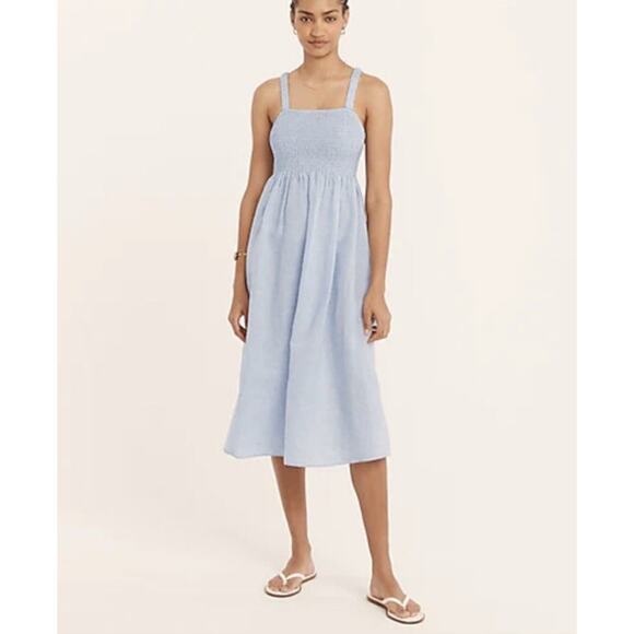 J. Crew Womens Smocked Midi Dress Large Baby Blue Linen Cotton Blend Summer - Picture 1 of 12
